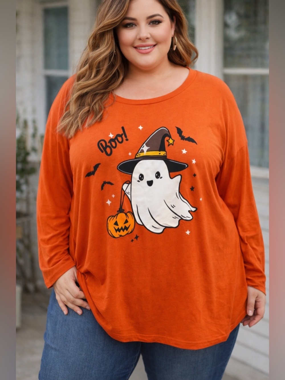 BloomChic • NWT Orange Halloween Ghost Graphic Tee PTP32”